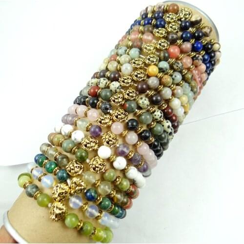 Fashion Gold Lions head 8MM Natural Stone Bracelets For Women Men Tiger Eyes Agates Beaded Bracelets