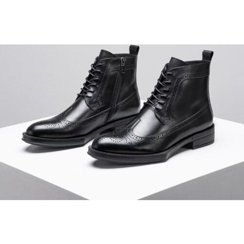 Winter men boots Genuine leather boots Geometric outsole lace-up Korean high-top boots mens ankle boots Brock cut mens boots