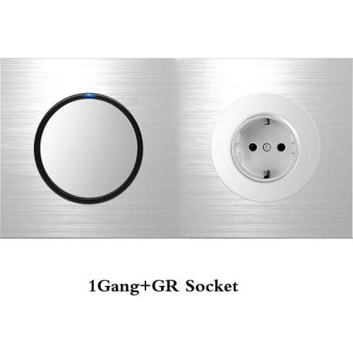 German Standard Socket Double Panel 1Gang Switch+ GR Socket Household Silver Aluminum Alloy Panel Switch Socket 90V-250V