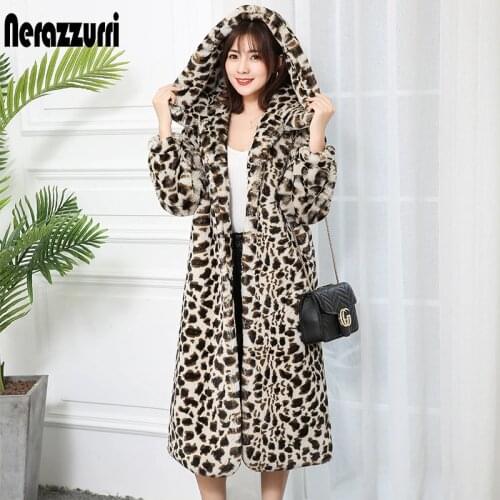 Nerazzurri High quality thick faux fur leopard jacket women with hood leopard print fluffy long fur coat plus size luxury coats