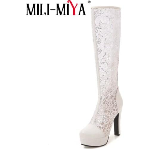 MILI-MIYA New fashion Round toe PU+Sequins Lace Platform High heels Cool knee high boots Spring Summer zipper Breathable shoes