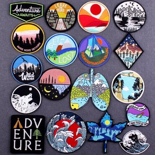 Mountains Wilderness Adventure Patch Embroidered Patches On Clothes Wave Stripes nature Patch Iron On Patches For Clothing
