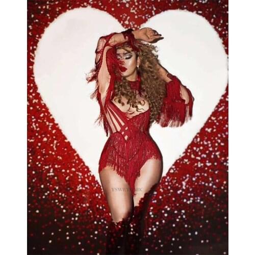 Spandex Sexy Bodysuit Red Fringes Fringes Outfit Nightclub Party Wear Latin Salsa Dance Performance Costume