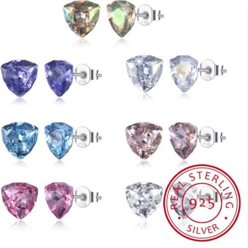 LEKANI 925 Sterling Sliver Women 7 colours Crystal Earrings Crystal Triangle Geometry Stud Earrings Fine Jewelry
