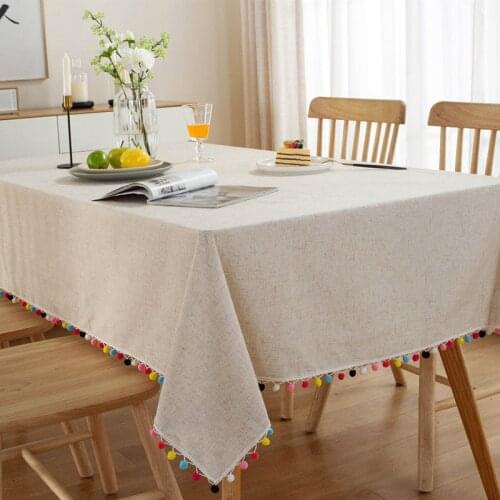 Pure White Table Cloth Soft Retro Cotton and Linen Table Cloth Tassel Table Cloth Colorful Hair Ball Coffee Table Table Cloth
