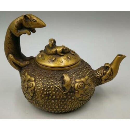 Chinese Old Handwork Pure Brass Twelve Zodiac Mouse Teapot Animal Statue Tea Set Water Pot