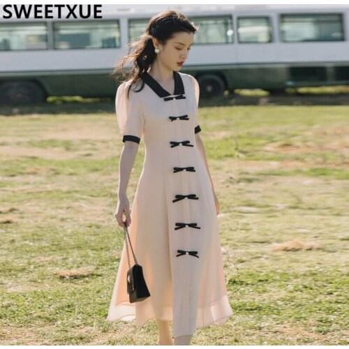 SWEETXUE French Vintage Dress Long Temperament Summer Fashion Elegant Bow Party Vestidos Femme