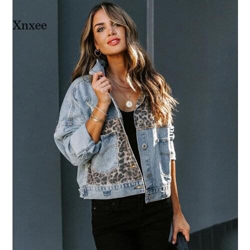 Spring and Autumn Womens Retro Leopard Stitching Denim Jacket Lapel Loose Short Washed Denim Jacket Fashion Pocket Street Wear
