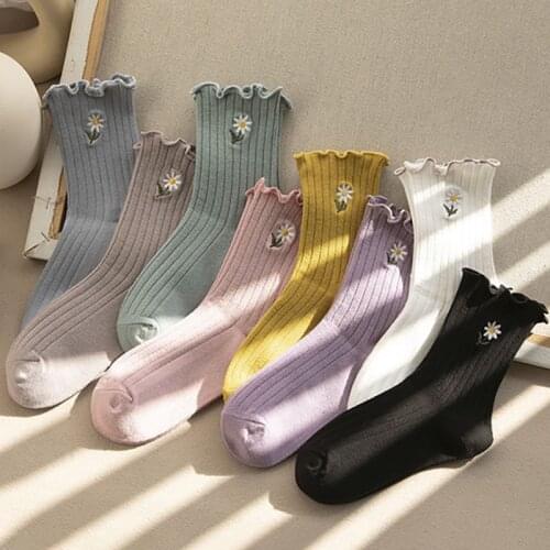 Q Fashion Women Tube Socks Solid Color Ertical Stripes Socks Embroidery Flower 1Pair Spring Summer Cotton Casual Girls Sock