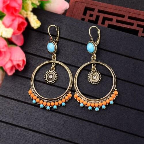 Boho Orange Beads Gold Round Dangle Earrings For Women Ethnic Turquoises Ladies Earrings Oorbellen