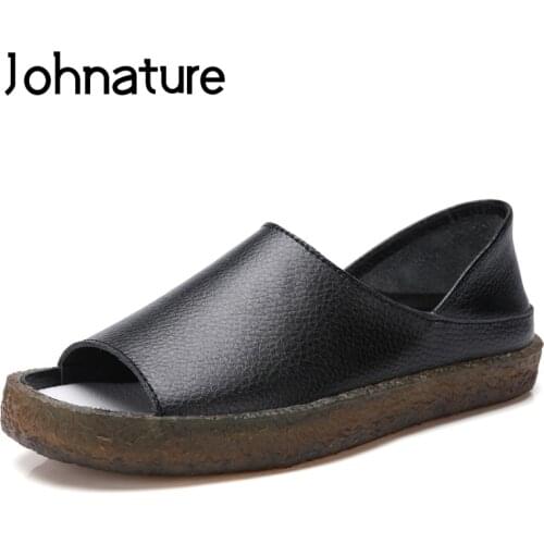 Johnature 2020 New Summer Genuine Leather Casual Solid Shallow Slip-on Breathable Comfortable Soft Sole Women Sandals Med Heel