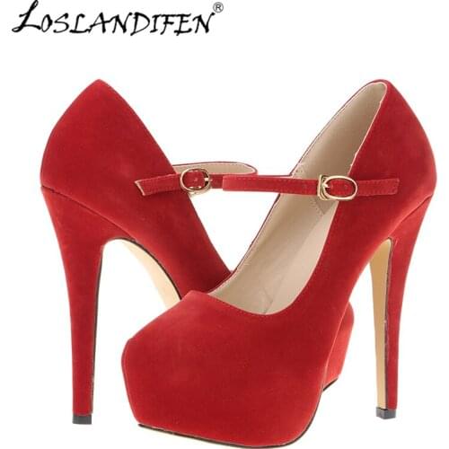 LOSLANDIFEN Mary Janes Women Pumps New Platform High Heels Shoes Woman Sexy Round Toe Flock Red Extreme Thin Heel 817-10VE