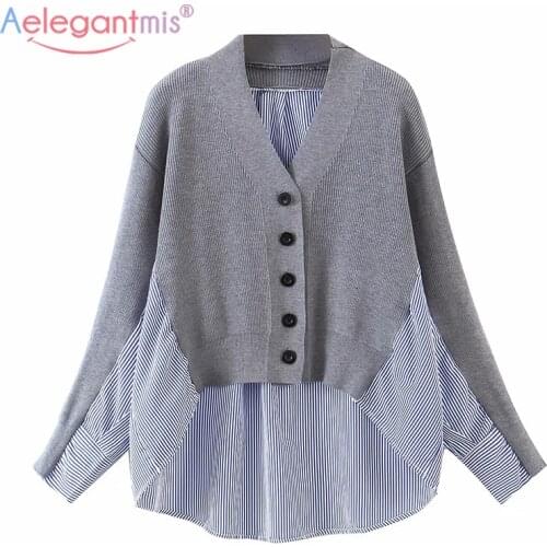 Aelegantmis Patchwork Knit Cardigan Shirt Women Striped Casual Loose Sweaters Shirt Single Breasted V-Neck Korea Vintage Sweater