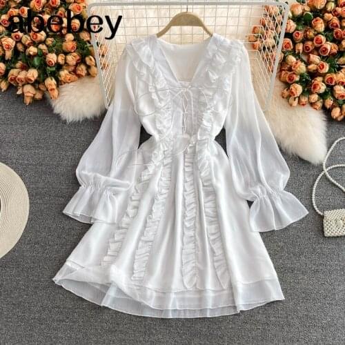 2021 New Spring Autumn Temperament V-neck flare sleeve Dress bow bandage Ruffles patchwork high waist solid A-line Dress