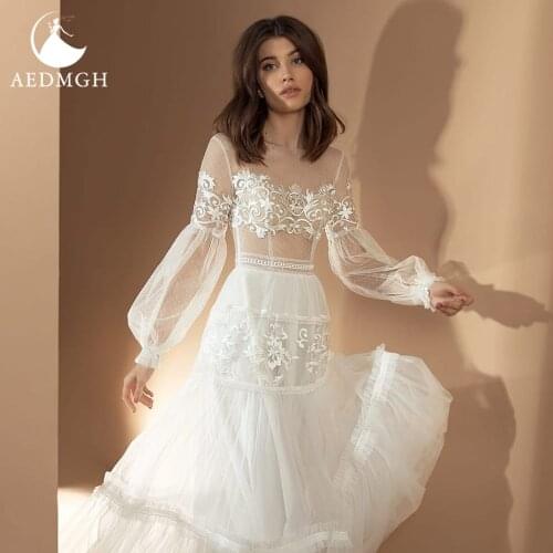 Aedmgh A-Line Boho Wedding Dresses 2021 O-Neck Lantern Long Sleeve Vestido De Novia Appliques Illusion Beach Robe De Mariee