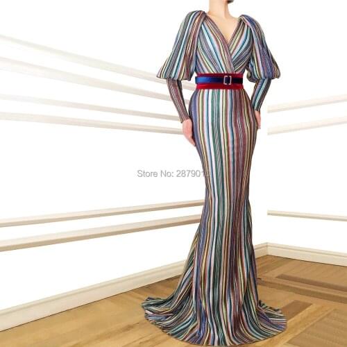 2019 Junoesque New Arrival V-Neck Evening Dress Mermaid Full Sleeves Floor-Length Sash Celebrity Dress Prom Dress Haute Couture