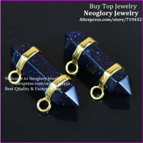 10PCS Healing Chakra Druzy Stone Stone Pendant Gold Color 2 Holes Blue Sand Gems Hexagon Prism Bead Pendant Fit Necklace