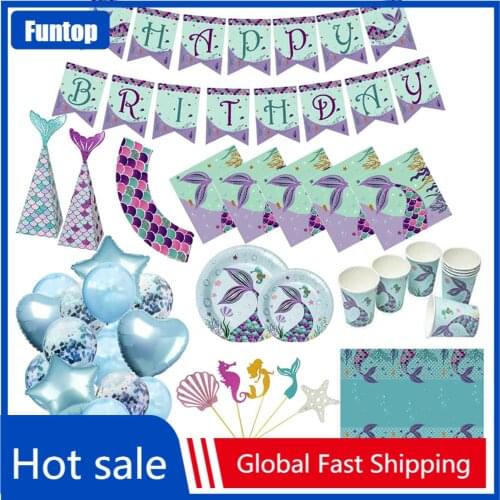 2021 Happy Mermaids Birthday Event Party Tableware Set Paper Cups Plate Disposable Party Tableware Baby Shower Party Decor