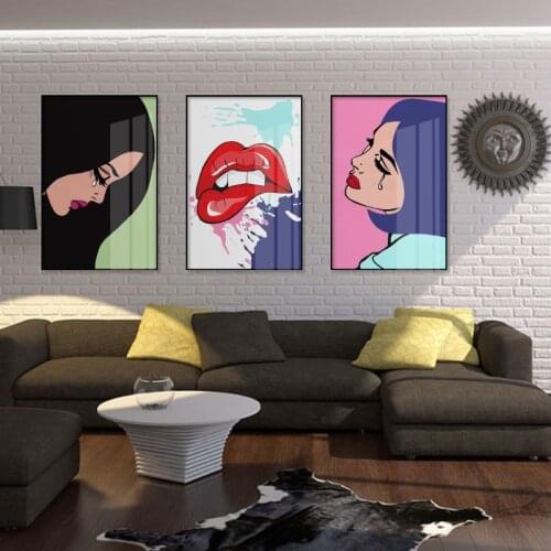 Abstract Pop Art Poster American Crying Girl Biting Red Lips Canvas Painting Print Wall Art Pictures for Girls Room Home Decor