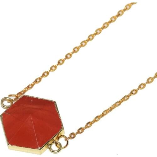 Free Ship Natural Blood stone hexagonal connector women necklace Faceted Stone charm Pendant long chain necklace for women