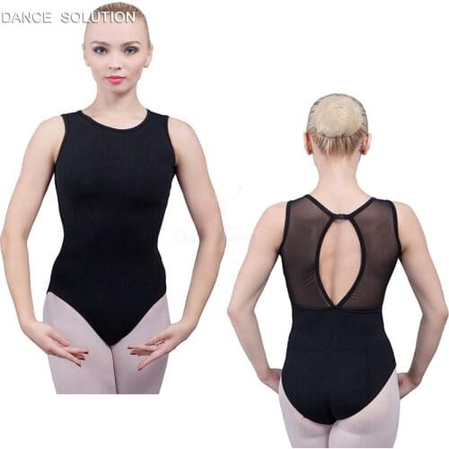 Drop Shipping Adult Girls Black Cotton Tank Sleeve Leotard with Mesh Open Back Gym Wear Practice Dancewear for Women 01D0048A