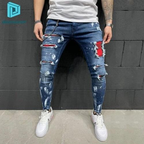 DUEWEER Mens Jeans Ripped Holes Skinny Stretch Trousers Men Hip Hop Casual Plus Size Baggy Gothic Cargo Pencil Denim Pants