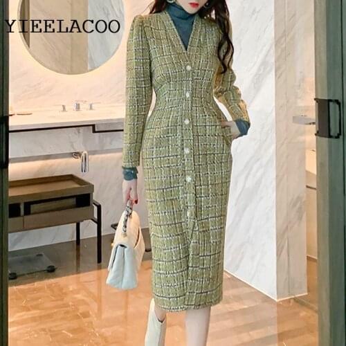 Elegant dress Yellow-green plaid Spring / Autumn Tweed Womens Dress Socialite small fragrance style New Knee-length dress