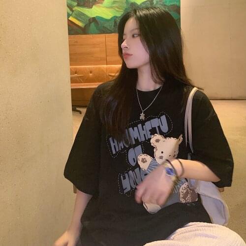Summer new T-shirt bear print loose round neck short-sleeved mid-length college style all-match casual T-shirt women