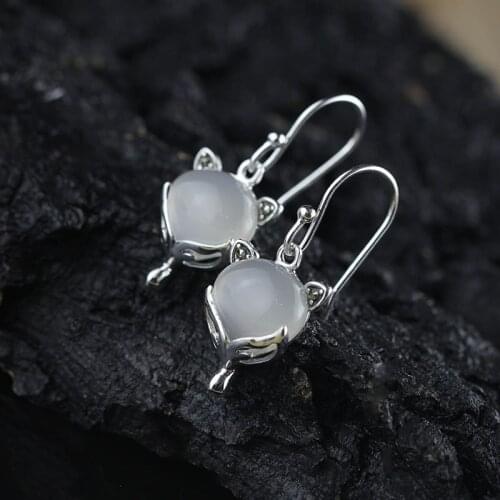 Cute Female White Moonstone Drop Earrings Charm Sterling Silver Wedding Earrings Luxury Crystal Fox Dangle Earrings For Women