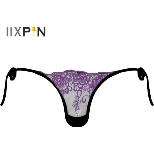 Mens Flower Embroidered Underpants Adjustable Lace-up Sissy Thongs See-through Mesh Underwear Low Waist G-string T-back Briefs