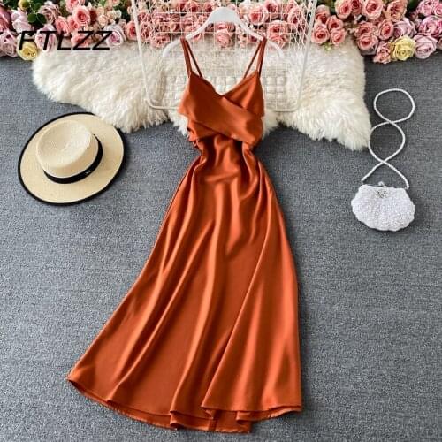 Women Elegant Party Drses New Summer Sexy V Neck Backless A-line Vintage Dresses Ladies Satin Beach Long Robe Vestidos Mujer