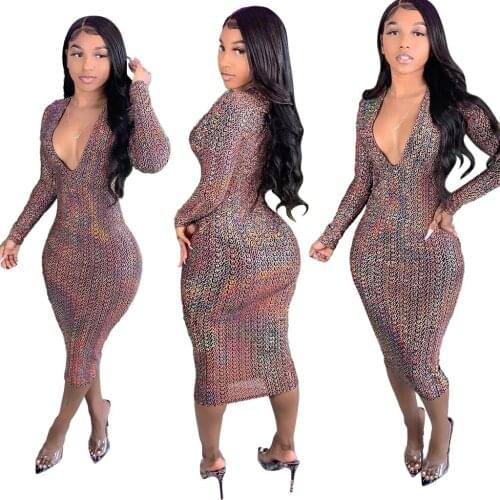 Multicolor Printing V-neck Dress Women High Waist Long Sleeve Deep V-neck Dress Flash Bodycon Nightclub Party Mid-calf Dresses