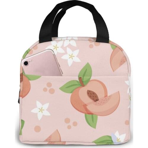 Peach Print Lunch Bag Portable Insulated Thermal Cooler Bento Lunch Box Tote Picnic Storage Bag Pouch