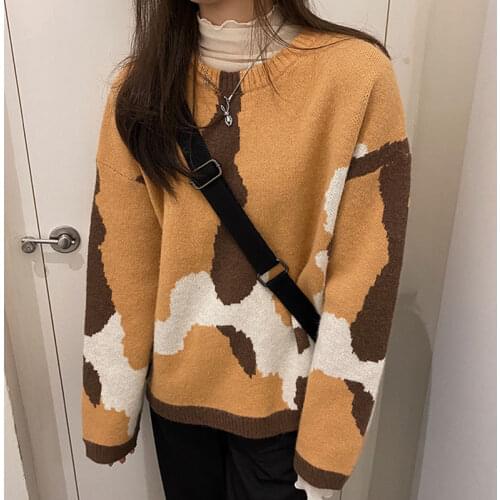 Womens Oil Painting Sweater Cozy Oversized Crew Neck Long Sleeve Thick Pullover Jumper Fall Winter Knit Tops