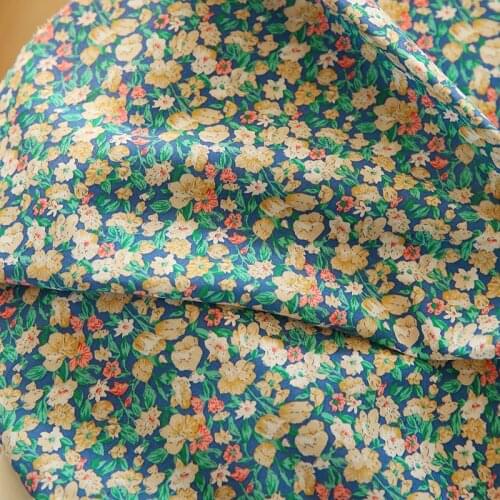 145x50cm 60S Thin Cotton Yarn Flower Blue Background Cotton Clothing Sewing Fabric, Making Handmade DIY Cloth