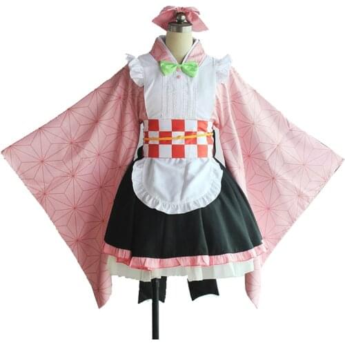 Anime Kamado Nezuko Lolita Japanese Dress Kimono Demon Slayer Kimetsu No Yaiba Cosplay Maid Uniform Waiter Costume Wholesale