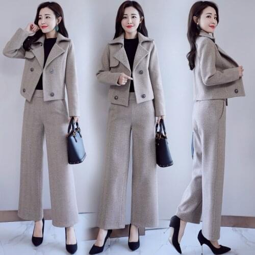 2019 autumn and winter new ladies fashion temperament wool tops elastic waist wide leg pants two sets of tide