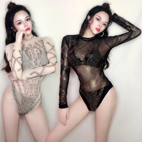 Women New Bars Ds Performances Sexy Dj Nightclub Bodysuit Female Singer Rhinestones Tight one-piece Collar Dance Clothes