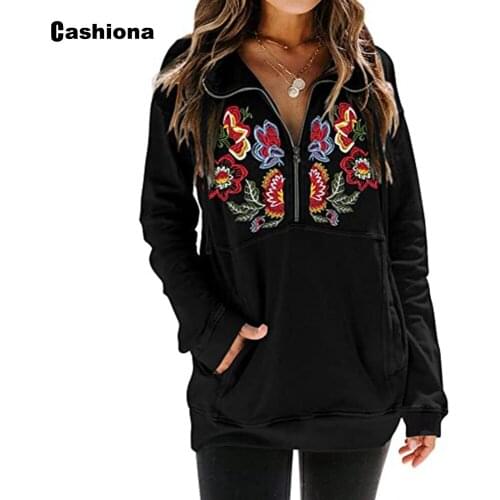 2020 Autumn Sweatshirt Fashion Women Clothing Long Sleeve Casual Embroidery Flower Print Top Pullovers Femme Zipper Streetwear