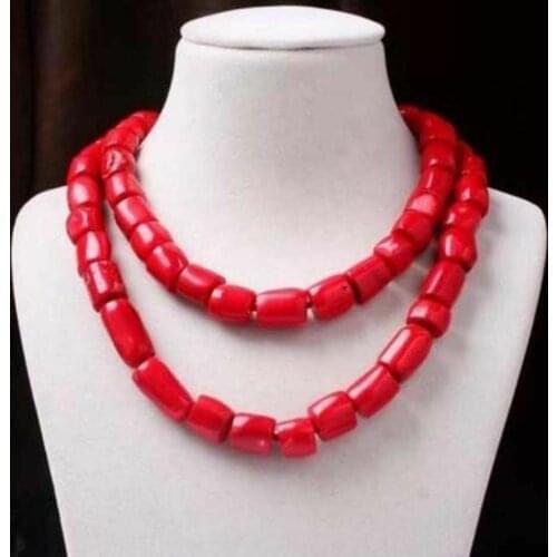Charm Red Cylinder Coral Bead Long Necklace GemstonesES Woman Jewelry 35"