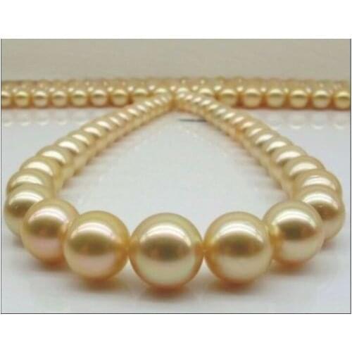 Women gift word Jewelry 17INCH GOLD CLASP HUGE AAAA 13-14mm Natural south sea genuine gold round pearl necklace