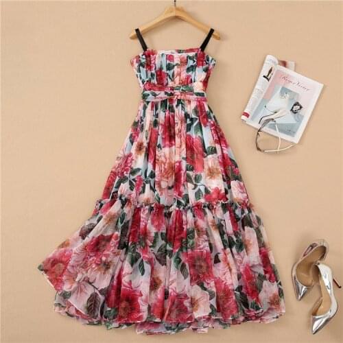 Ruwnay Summer Dress Women Camellia Print Sicilian Floral Red Spaghetti Straps Sundress Elegant Midi Long Chiffon Dress Female