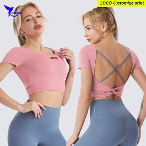 2021 Elastic Push Up Padded Crop Top Women Quick Dry Running Gym Sports T-Shirt Short Sleeve Workout Fitness Yoga Shirts Custom