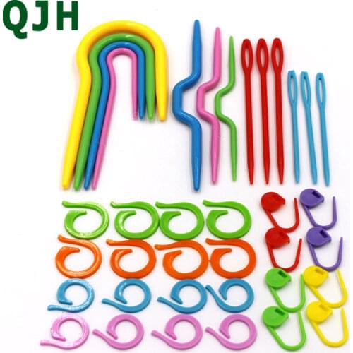 37pcs 3 Sets ABS Plastic Knitting Cable needles Stitch Knitting Needles Smooth U Crochet Hook & L Needles Markers Needle Clip