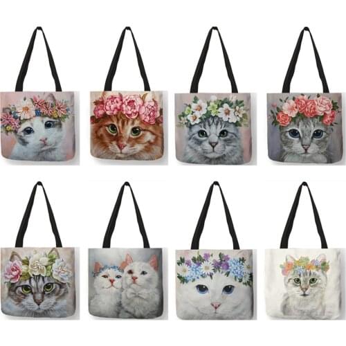 B01079 New Arrival Women Fashion Bags Floral Cat Print Handbag Casual School Shoulder Bags Reusable Shopping Tote Bag B01079