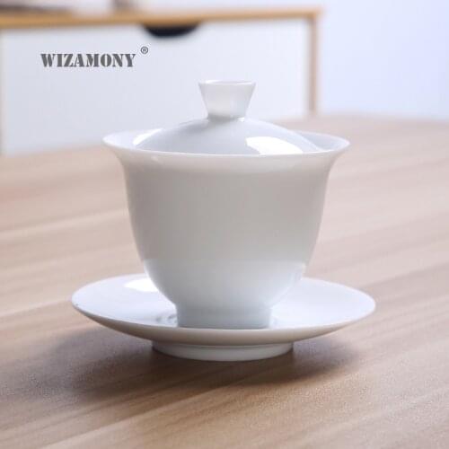 WIZAMONY Dehua tea white porcelain cover bowl large jade mud kung fu three-talent ceramic tea bowl teacup three-only bowl
