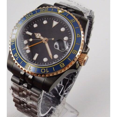 BLIGER Fashional Black Mechanical Men Wristwatch GMT Date Function Jubilee Band Ceramic Bezel Insert