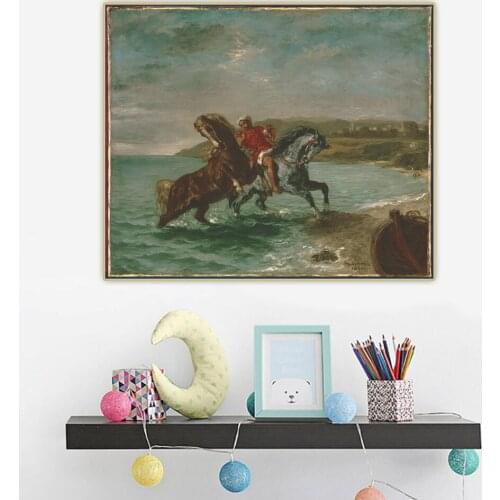 Citon Eugene Delacroix《Horses Leaving the Sea》Canvas Oil Painting Artwork Poster Picture Wall Background Decor Home Decoration