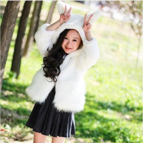 Winter New Childrens Cotton Faux Fur Coat Korean Boys And Girls Baby Rabbit Ears Hooded Imitation Fur Long Overcoat