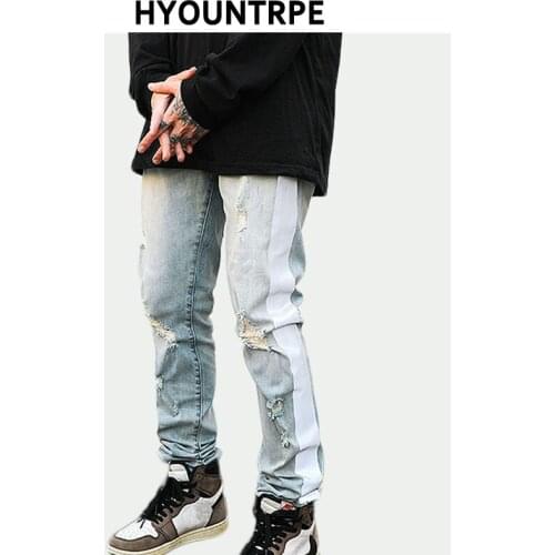 Mens High Street Side Striped Reflective Denim Jeans Casual Zipper Biker Trousers Jeans Fashion Streetwear Hip Hop Pants Joggers